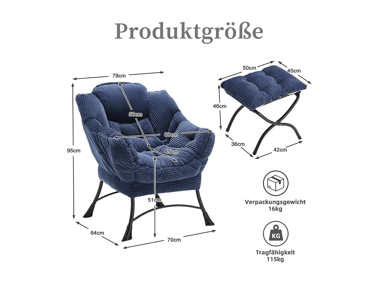 Fauteuil en velours côtelé bleu - Repose-pieds pratique - Poche latérale pour téléphone - Style moelleux et spacieux - Parfait pour salon ou chambre
