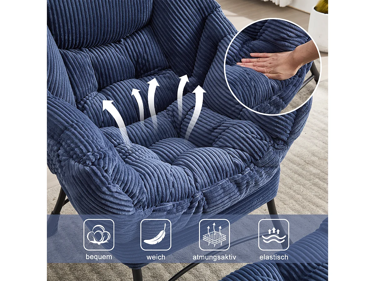 Fauteuil en velours côtelé bleu - Repose-pieds pratique - Poche latérale pour téléphone - Style moelleux et spacieux - Parfait pour salon ou chambre