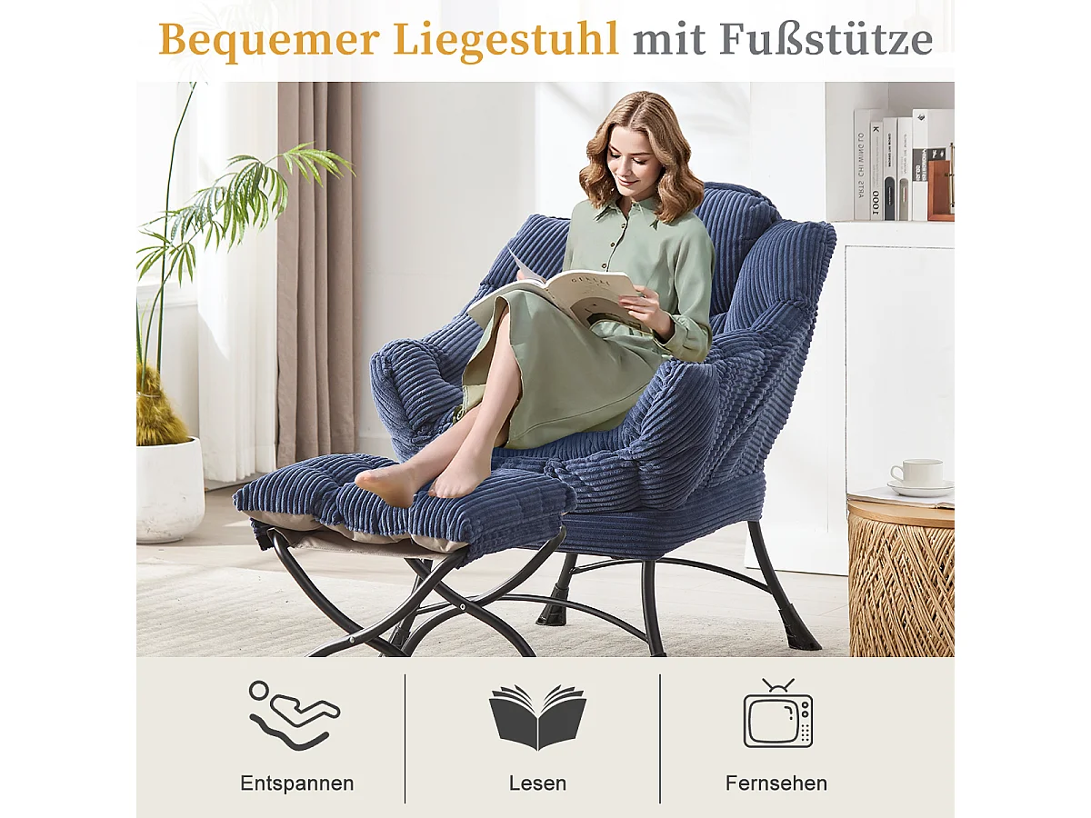 Fauteuil en velours côtelé bleu - Repose-pieds pratique - Poche latérale pour téléphone - Style moelleux et spacieux - Parfait pour salon ou chambre
