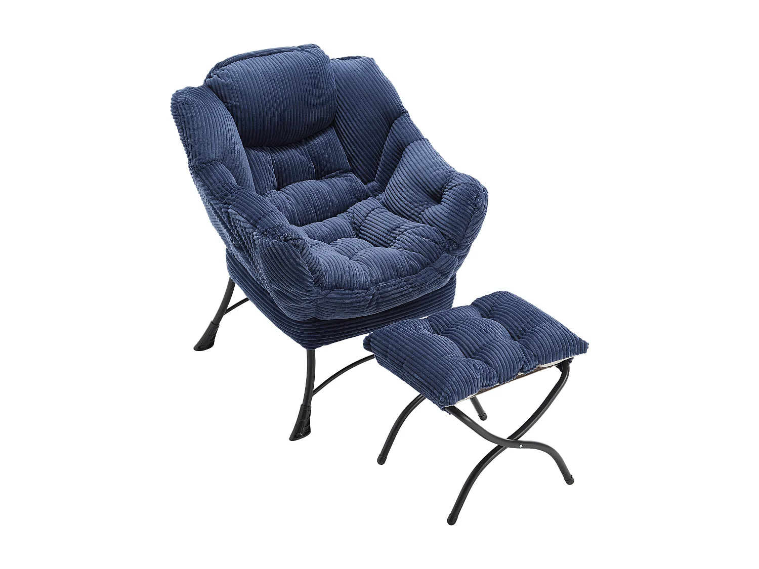 Fauteuil en velours côtelé bleu - Repose-pieds pratique - Poche latérale pour téléphone - Style moelleux et spacieux - Parfait pour salon ou chambre