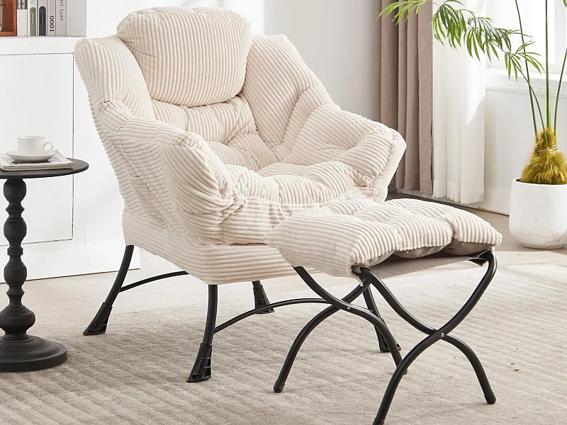 Fauteuil en velours côtelé beige - Repose-pieds pratique - Poche latérale pour téléphone - Style moelleux et spacieux - Parfait pour salon ou chambre