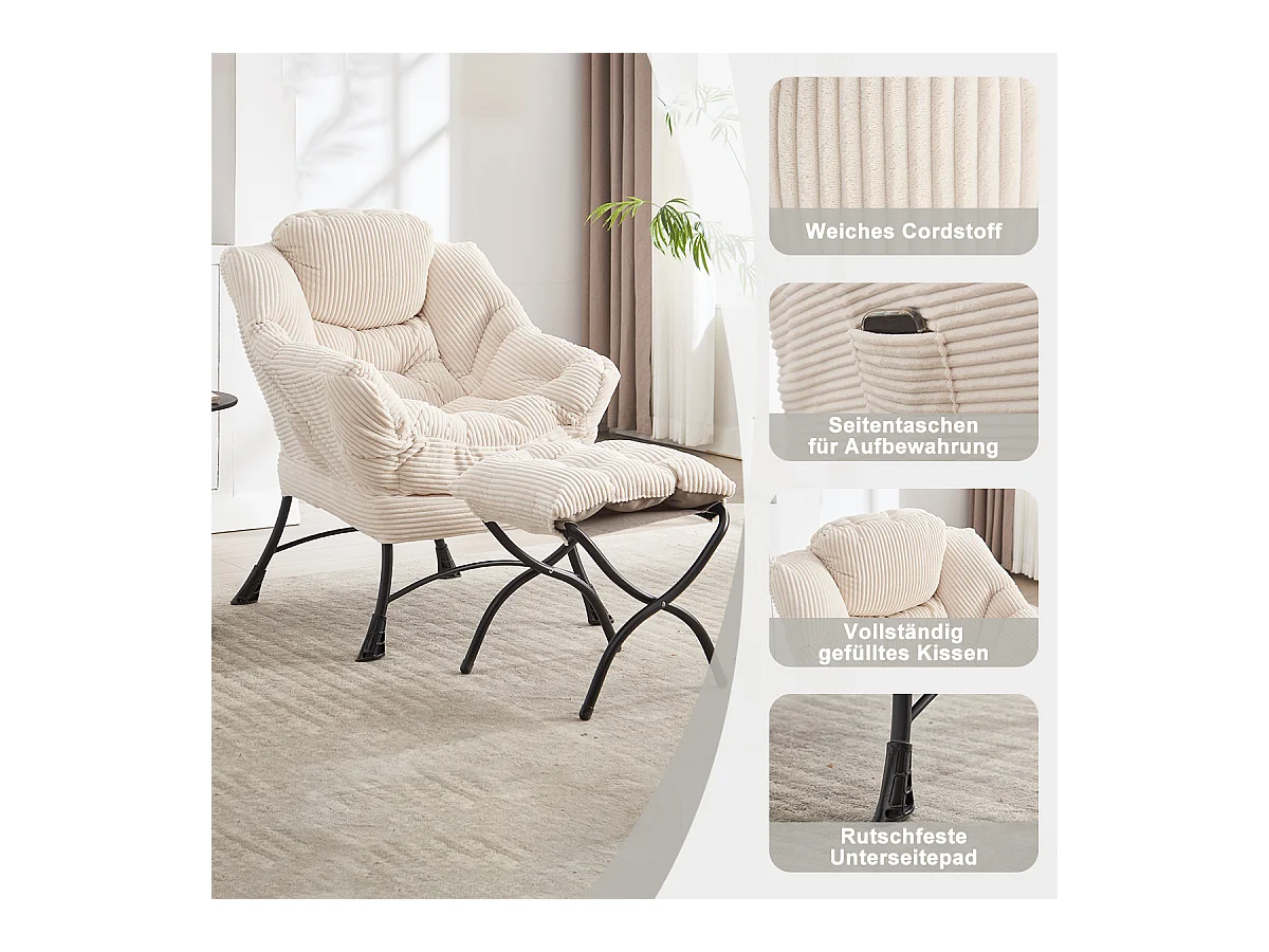 Fauteuil en velours côtelé beige - Repose-pieds pratique - Poche latérale pour téléphone - Style moelleux et spacieux - Parfait pour salon ou chambre