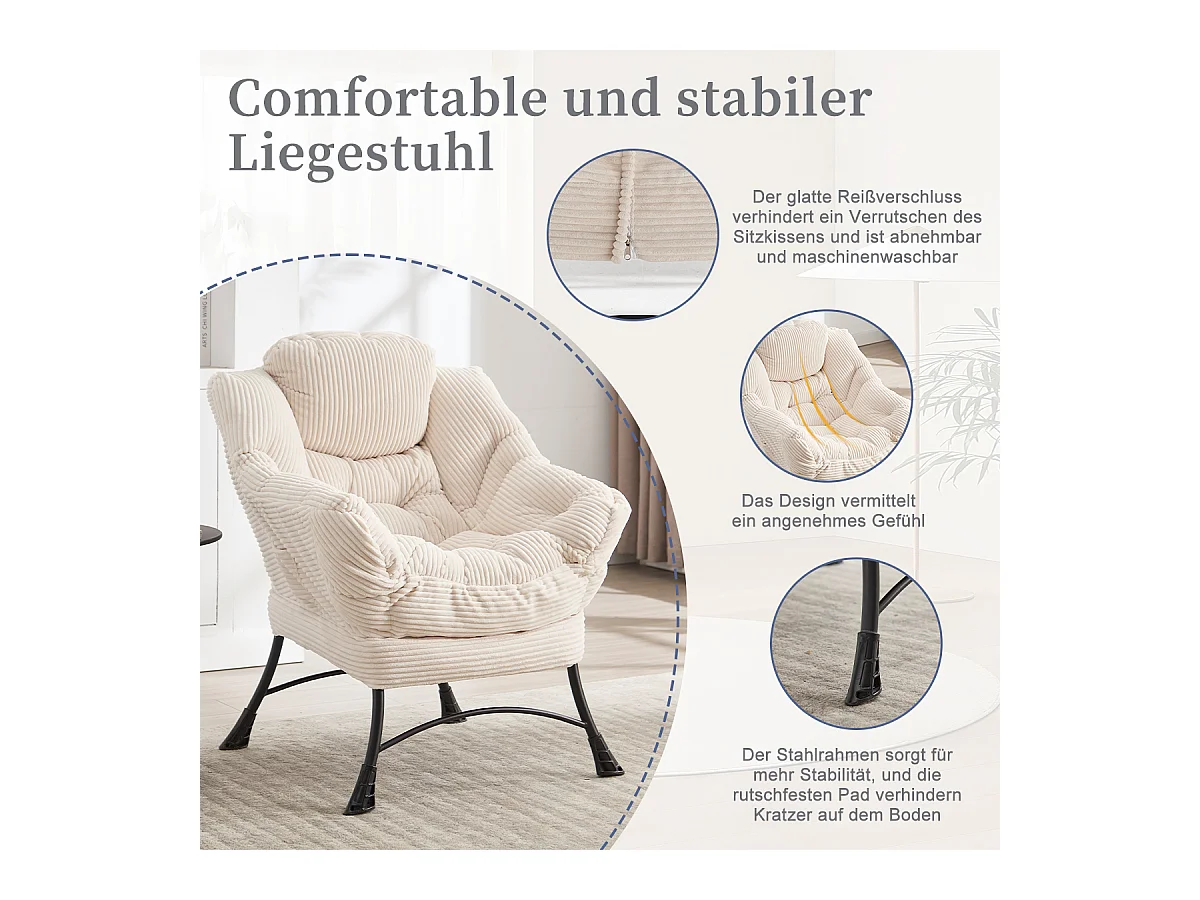 Fauteuil en velours côtelé beige - Repose-pieds pratique - Poche latérale pour téléphone - Style moelleux et spacieux - Parfait pour salon ou chambre