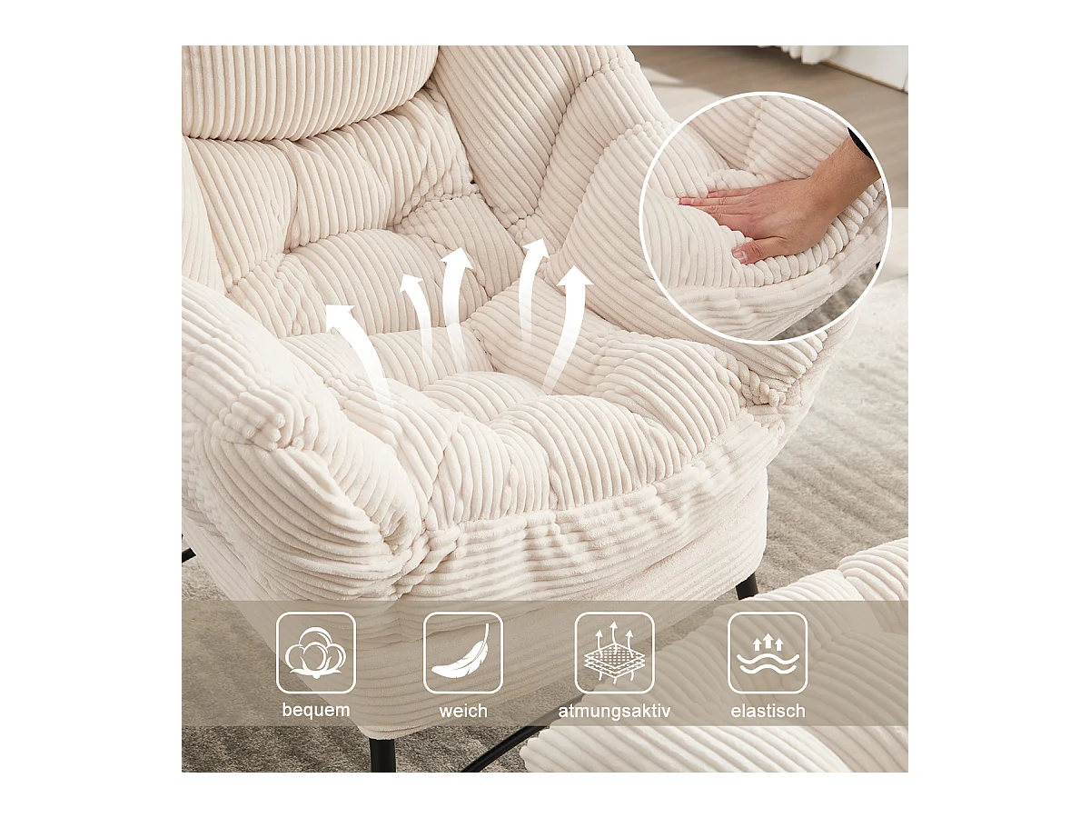 Fauteuil en velours côtelé beige - Repose-pieds pratique - Poche latérale pour téléphone - Style moelleux et spacieux - Parfait pour salon ou chambre