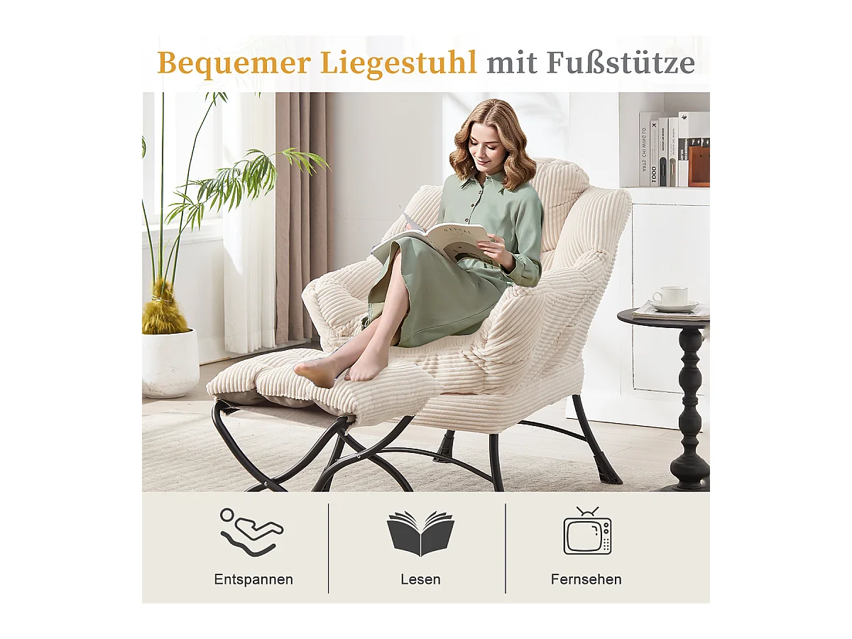 Fauteuil en velours côtelé beige - Repose-pieds pratique - Poche latérale pour téléphone - Style moelleux et spacieux - Parfait pour salon ou chambre