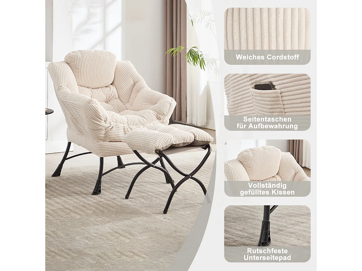Fauteuil en velours côtelé beige - Repose-pieds pratique - Poche latérale pour téléphone - Style moelleux et spacieux - Parfait pour salon ou chambre