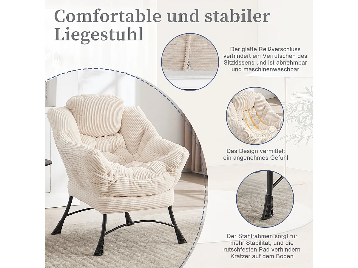 Fauteuil en velours côtelé beige - Repose-pieds pratique - Poche latérale pour téléphone - Style moelleux et spacieux - Parfait pour salon ou chambre