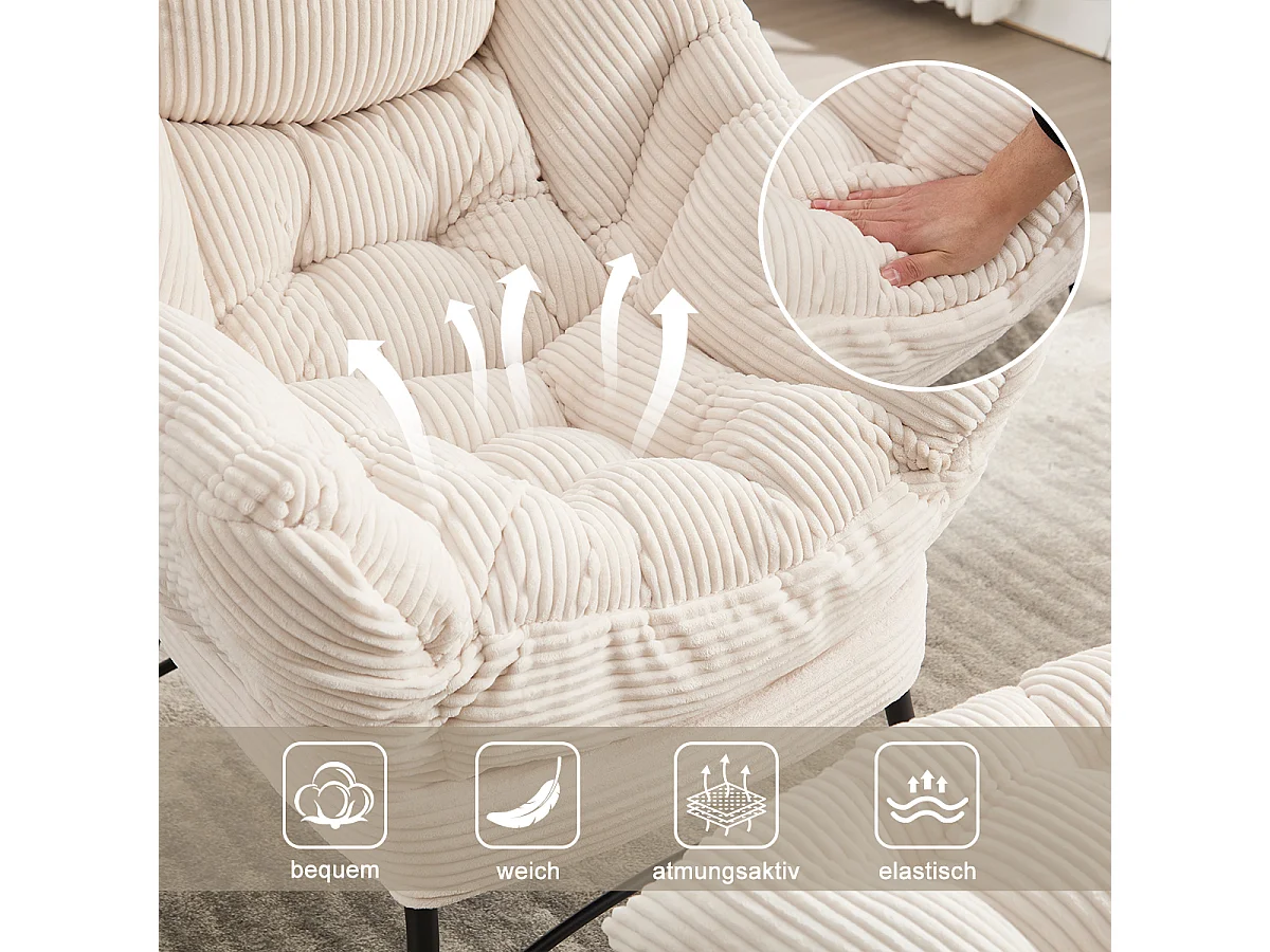 Fauteuil en velours côtelé beige - Repose-pieds pratique - Poche latérale pour téléphone - Style moelleux et spacieux - Parfait pour salon ou chambre