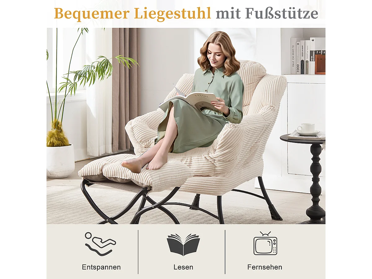 Fauteuil en velours côtelé beige - Repose-pieds pratique - Poche latérale pour téléphone - Style moelleux et spacieux - Parfait pour salon ou chambre
