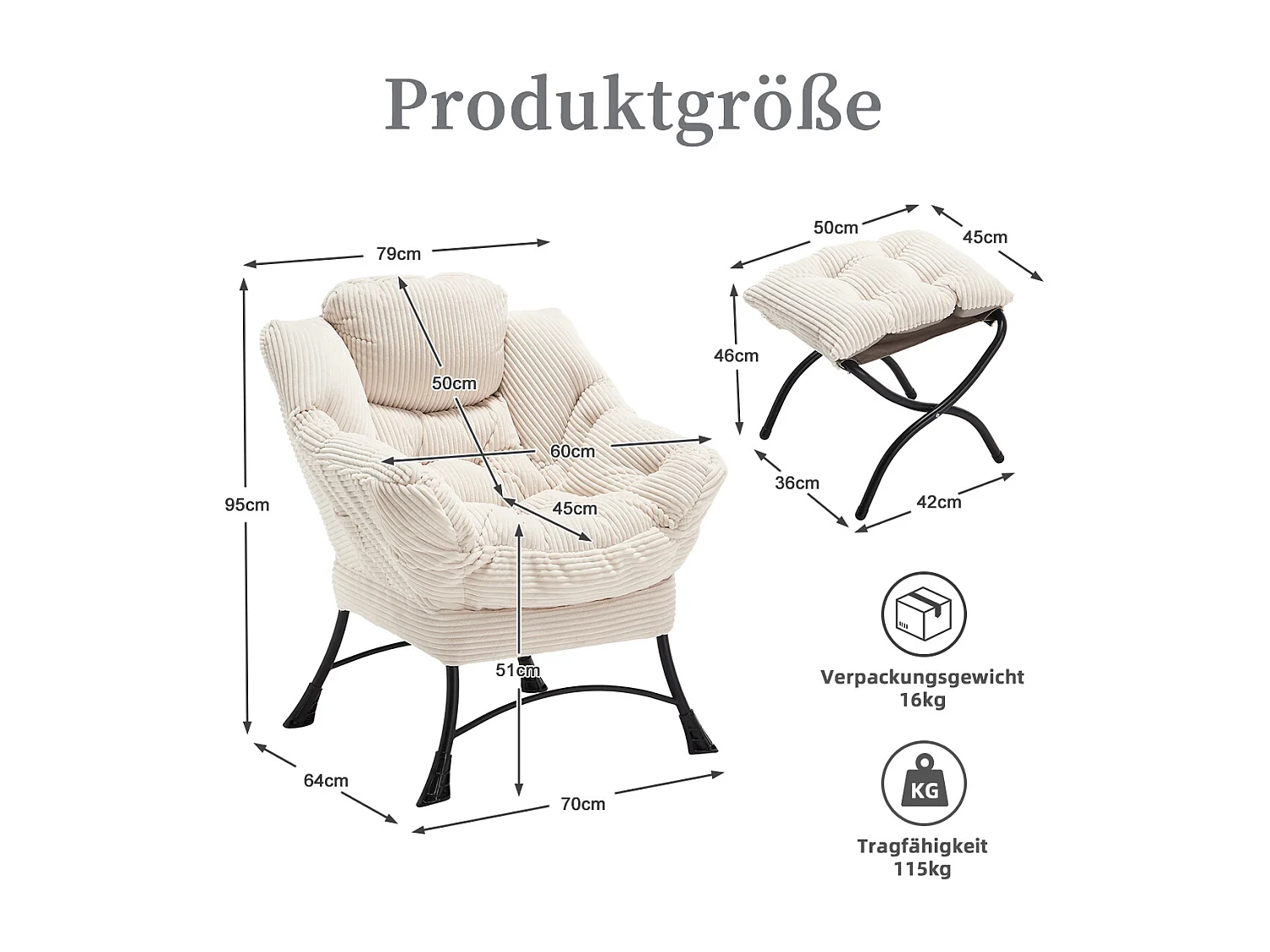 Fauteuil en velours côtelé beige - Repose-pieds pratique - Poche latérale pour téléphone - Style moelleux et spacieux - Parfait pour salon ou chambre