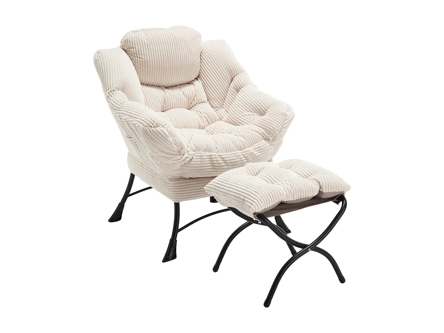 Fauteuil en velours côtelé beige - Repose-pieds pratique - Poche latérale pour téléphone - Style moelleux et spacieux - Parfait pour salon ou chambre