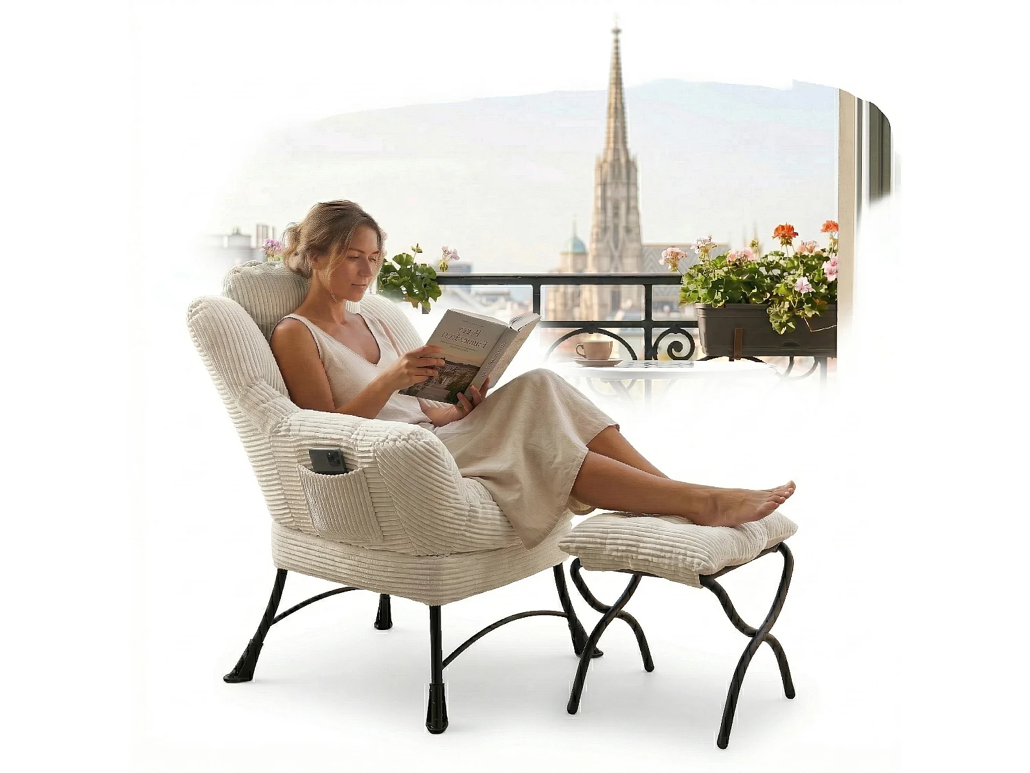 Fauteuil en velours côtelé beige - Repose-pieds pratique - Poche latérale pour téléphone - Style moelleux et spacieux - Parfait pour salon ou chambre