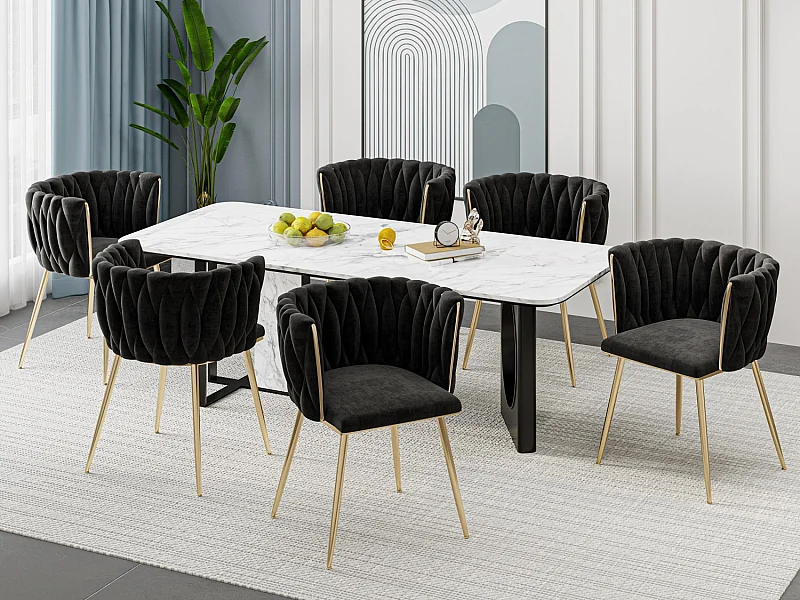 Lot de 6 Chaises Coquillage au Dossier Canné et aux Pieds Dorés - Noir - Élégance Bohème