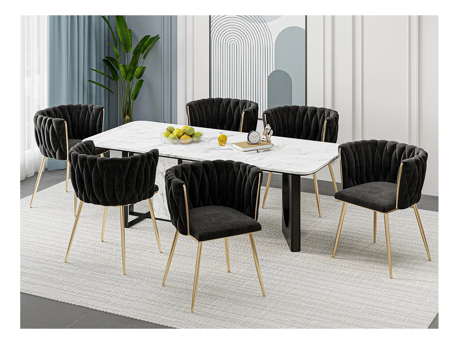 Set van 6 schelpstoelen met rieten rugleuningen en gouden poten - Bohemian Elegance