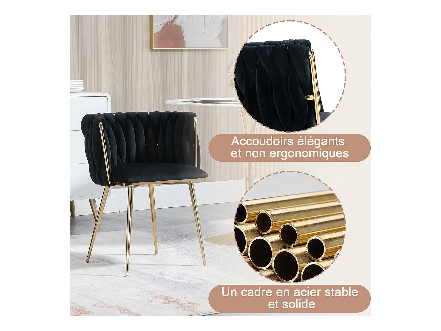 Set van 6 schelpstoelen met rieten rugleuningen en gouden poten - Bohemian Elegance