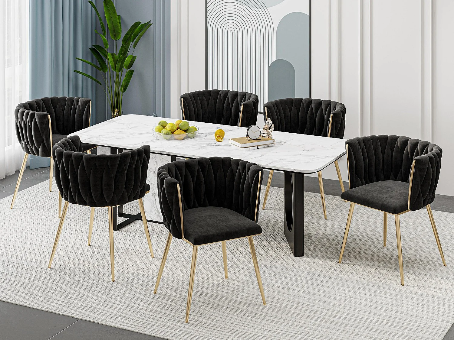 Lot de 6 Chaises Coquillage au Dossier Canné et aux Pieds Dorés - Noir - Élégance Bohème