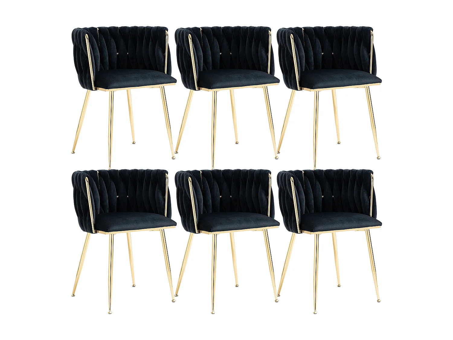 Lot de 6 Chaises Coquillage au Dossier Canné et aux Pieds Dorés - Noir - Élégance Bohème