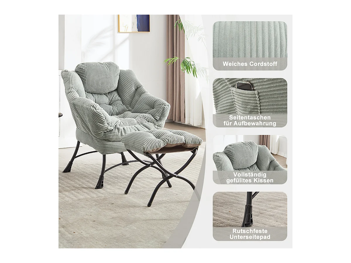 Fauteuil en velours côtelé gris claire - Repose-pieds pratique - Poche latérale pour téléphone - Style moelleux et spacieux - Parfait pour salon ou chambre