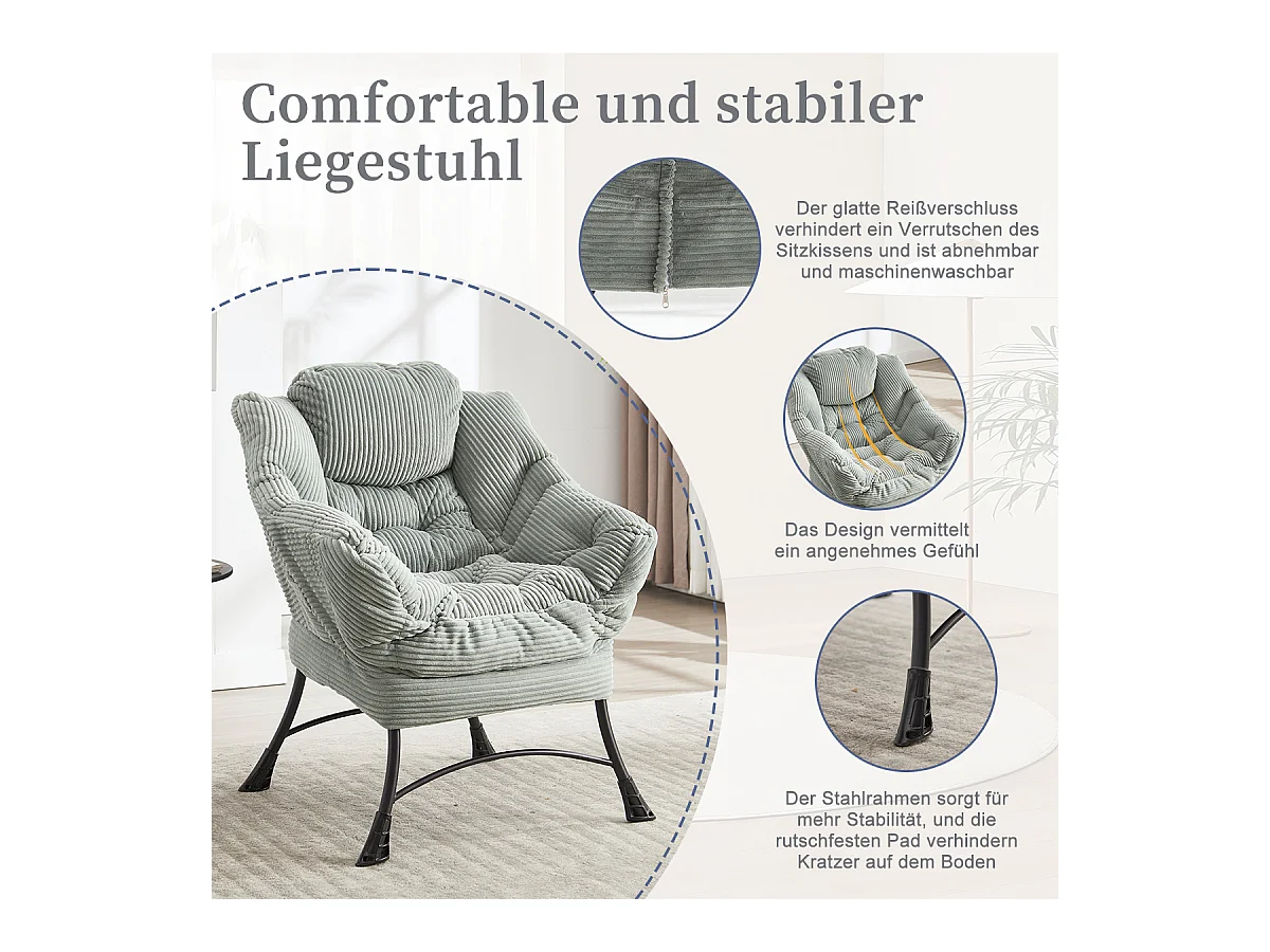 Fauteuil en velours côtelé gris claire - Repose-pieds pratique - Poche latérale pour téléphone - Style moelleux et spacieux - Parfait pour salon ou chambre
