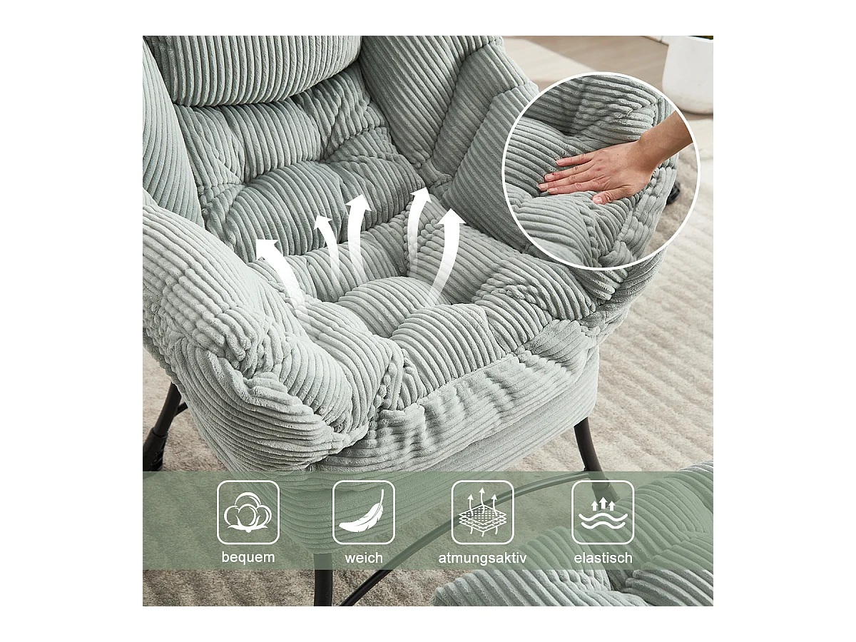 Fauteuil en velours côtelé gris claire - Repose-pieds pratique - Poche latérale pour téléphone - Style moelleux et spacieux - Parfait pour salon ou chambre