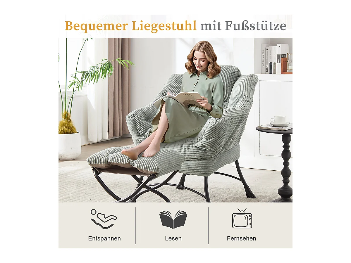 Fauteuil en velours côtelé gris claire - Repose-pieds pratique - Poche latérale pour téléphone - Style moelleux et spacieux - Parfait pour salon ou chambre