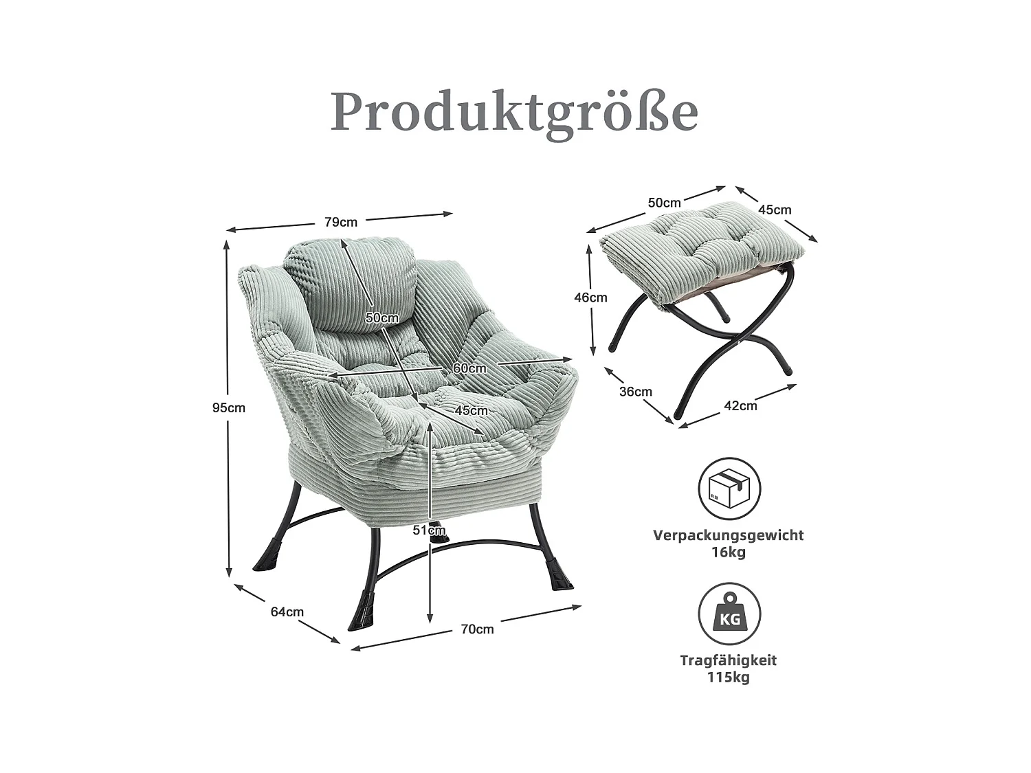 Fauteuil en velours côtelé gris claire - Repose-pieds pratique - Poche latérale pour téléphone - Style moelleux et spacieux - Parfait pour salon ou chambre
