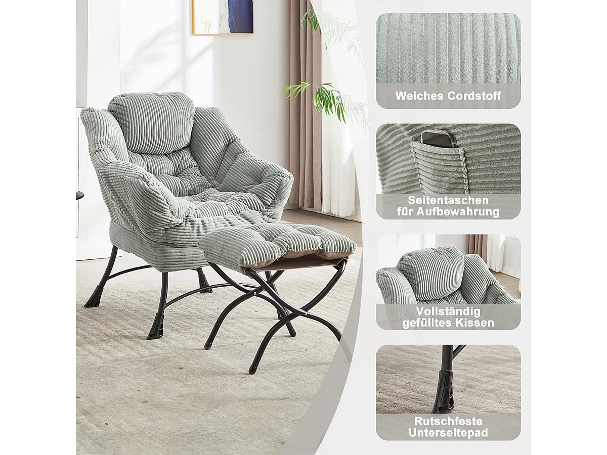Fauteuil en velours côtelé gris claire - Repose-pieds pratique - Poche latérale pour téléphone - Style moelleux et spacieux - Parfait pour salon ou chambre