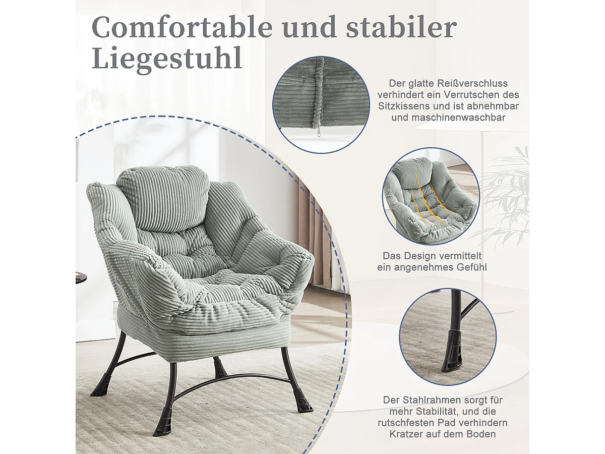 Fauteuil en velours côtelé gris claire - Repose-pieds pratique - Poche latérale pour téléphone - Style moelleux et spacieux - Parfait pour salon ou chambre