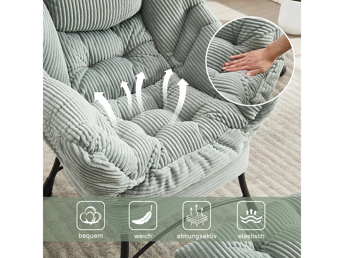 Fauteuil en velours côtelé gris claire - Repose-pieds pratique - Poche latérale pour téléphone - Style moelleux et spacieux - Parfait pour salon ou chambre