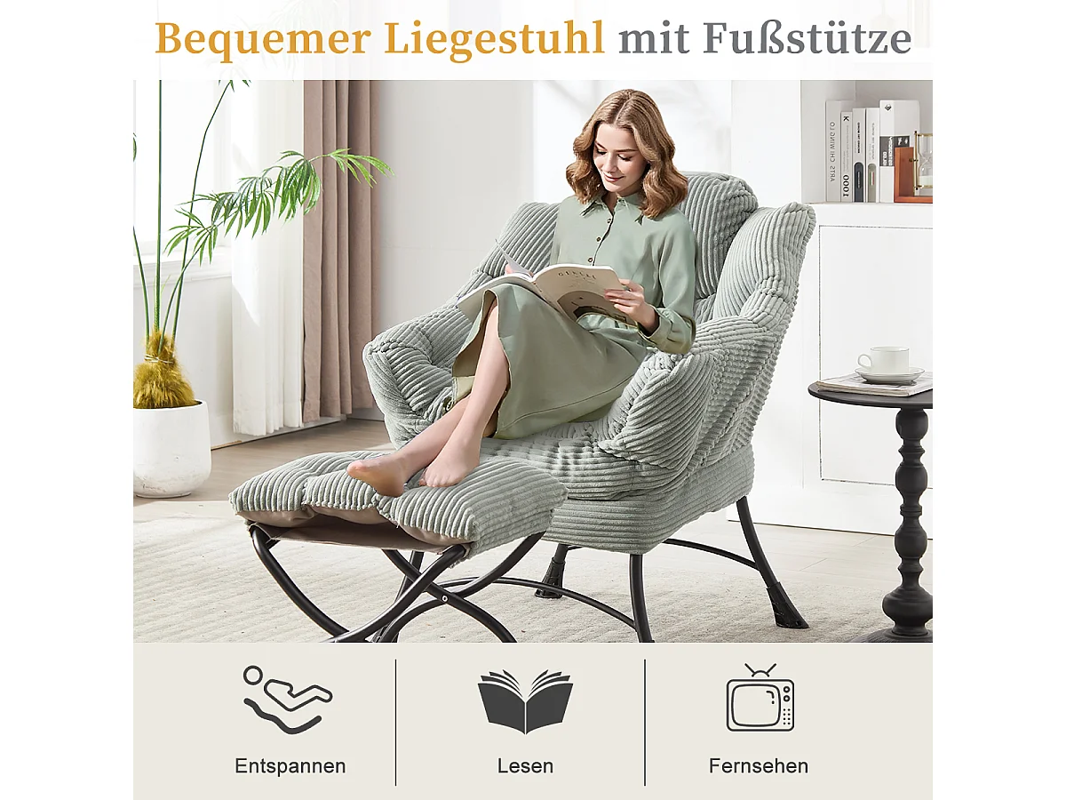 Fauteuil en velours côtelé gris claire - Repose-pieds pratique - Poche latérale pour téléphone - Style moelleux et spacieux - Parfait pour salon ou chambre