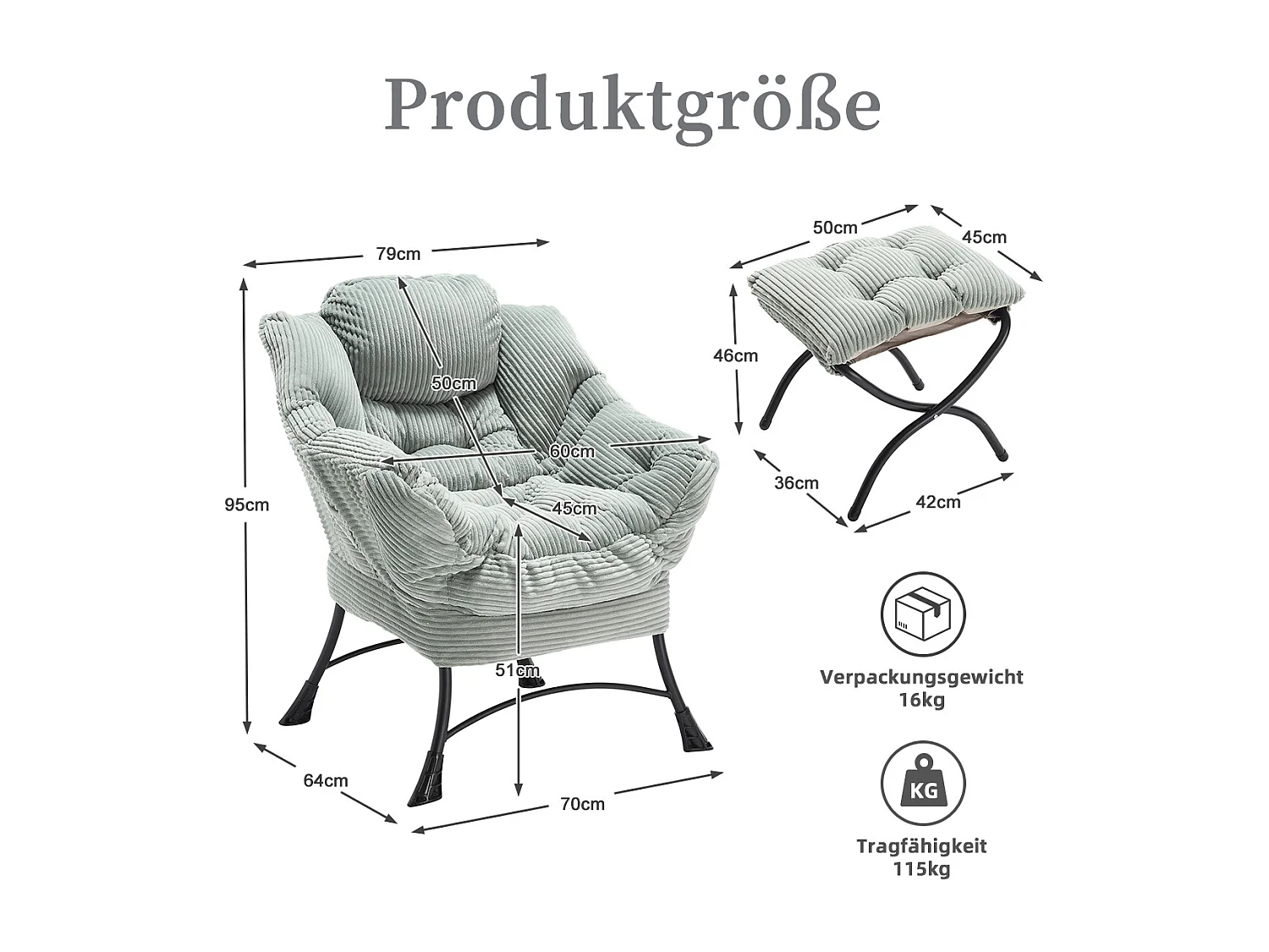 Fauteuil en velours côtelé gris claire - Repose-pieds pratique - Poche latérale pour téléphone - Style moelleux et spacieux - Parfait pour salon ou chambre