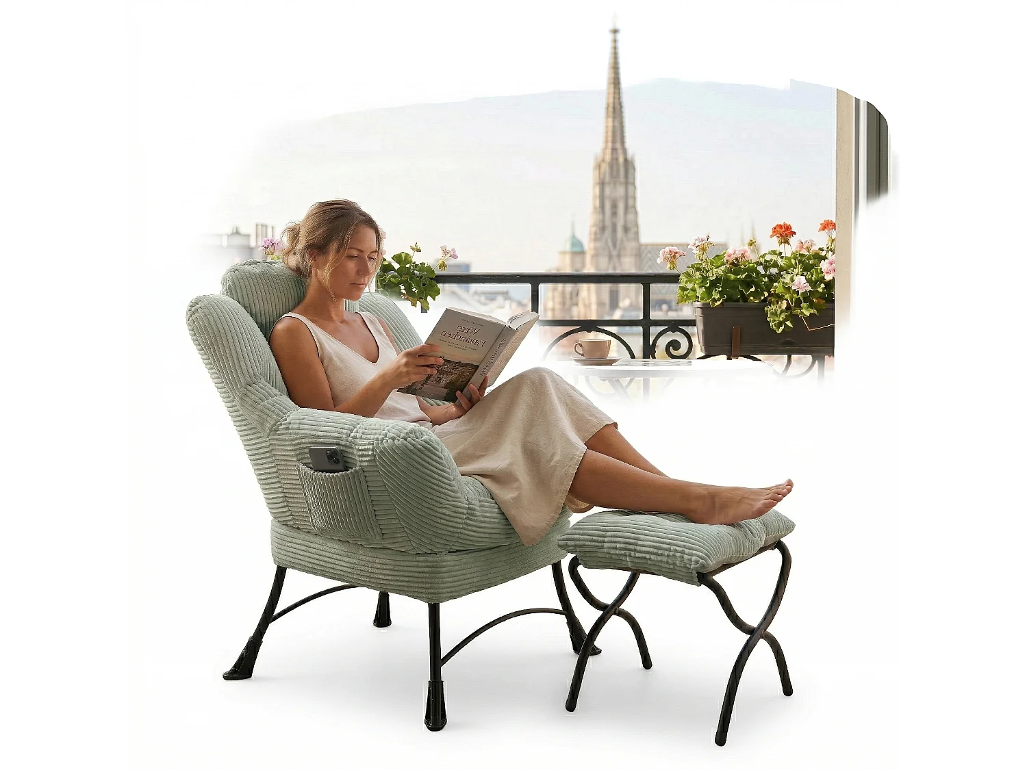 Fauteuil en velours côtelé gris claire - Repose-pieds pratique - Poche latérale pour téléphone - Style moelleux et spacieux - Parfait pour salon ou chambre