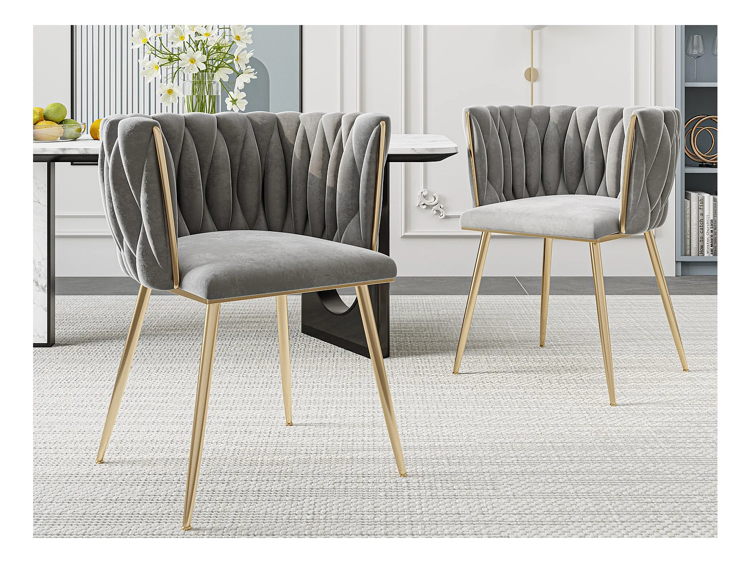 Lot de 2 Chaises Coquillage au Dossier Canné et aux Pieds Dorés - Gris - Élégance Bohème