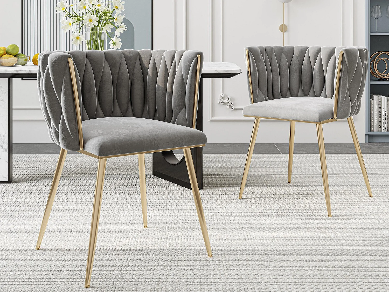 Set van 2 schelpstoelen met rieten rugleuningen en gouden poten - Bohemian Elegance