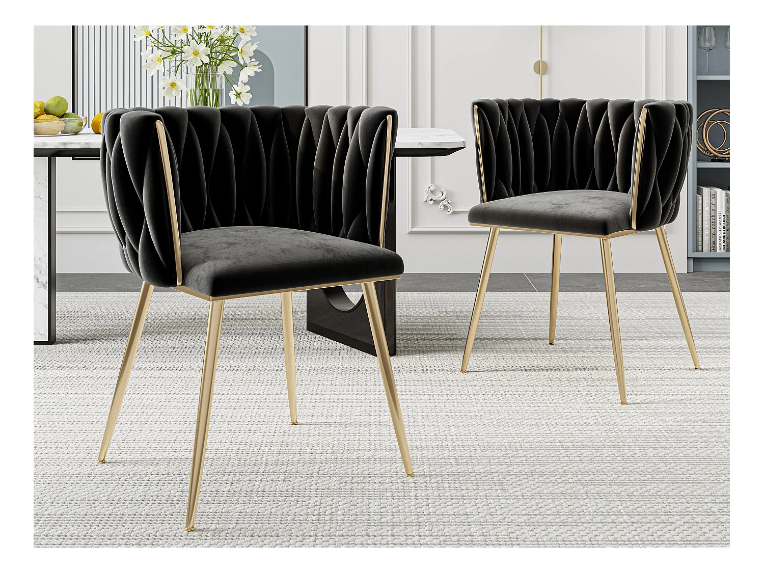 Set van 4 schelpstoelen met rieten rugleuningen en gouden poten - Bohemian Elegance