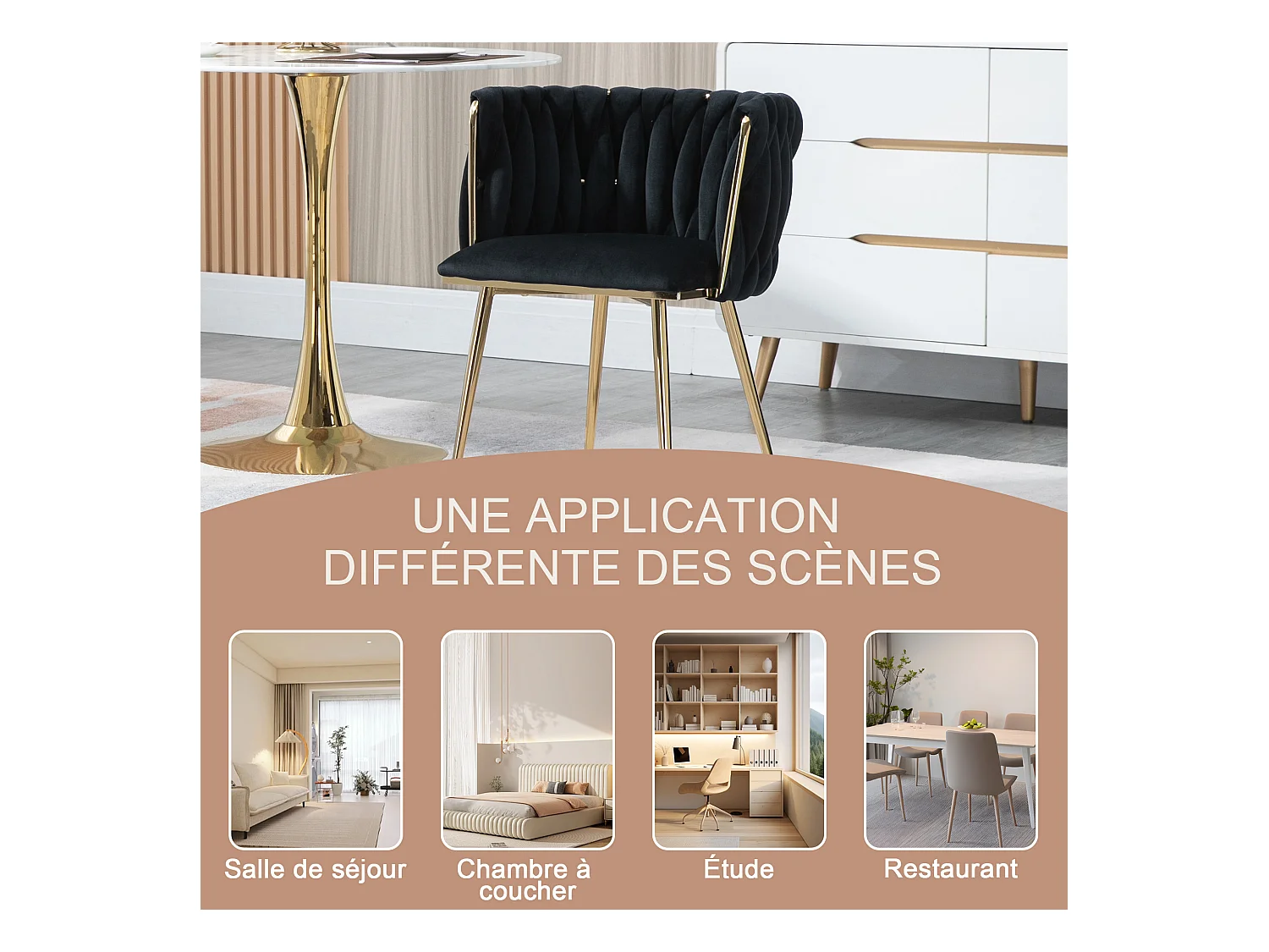 Set van 4 schelpstoelen met rieten rugleuningen en gouden poten - Bohemian Elegance