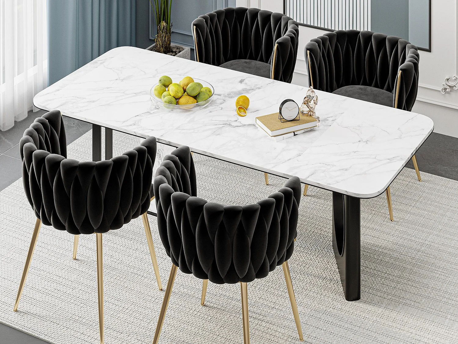 Lot de 4 Chaises Coquillage au Dossier Canné et aux Pieds Dorés - Noir - Élégance Bohème