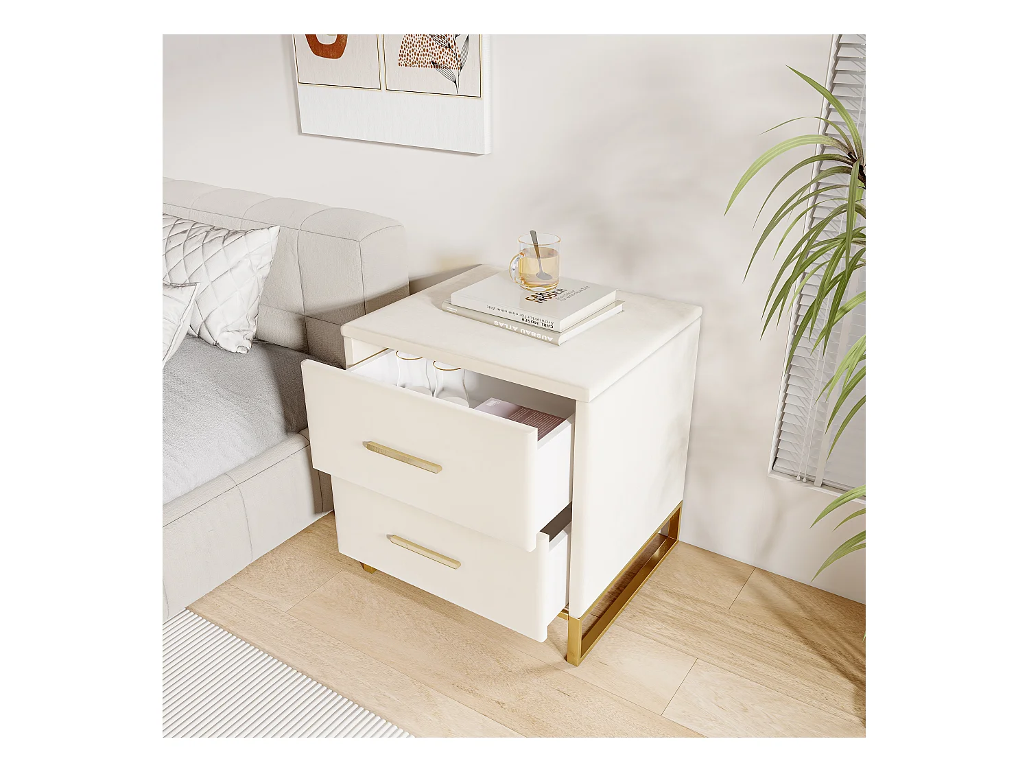 Mesa de cabeceira bege moderna com duas gavetas e pés em metal dourado, tecido de veludo