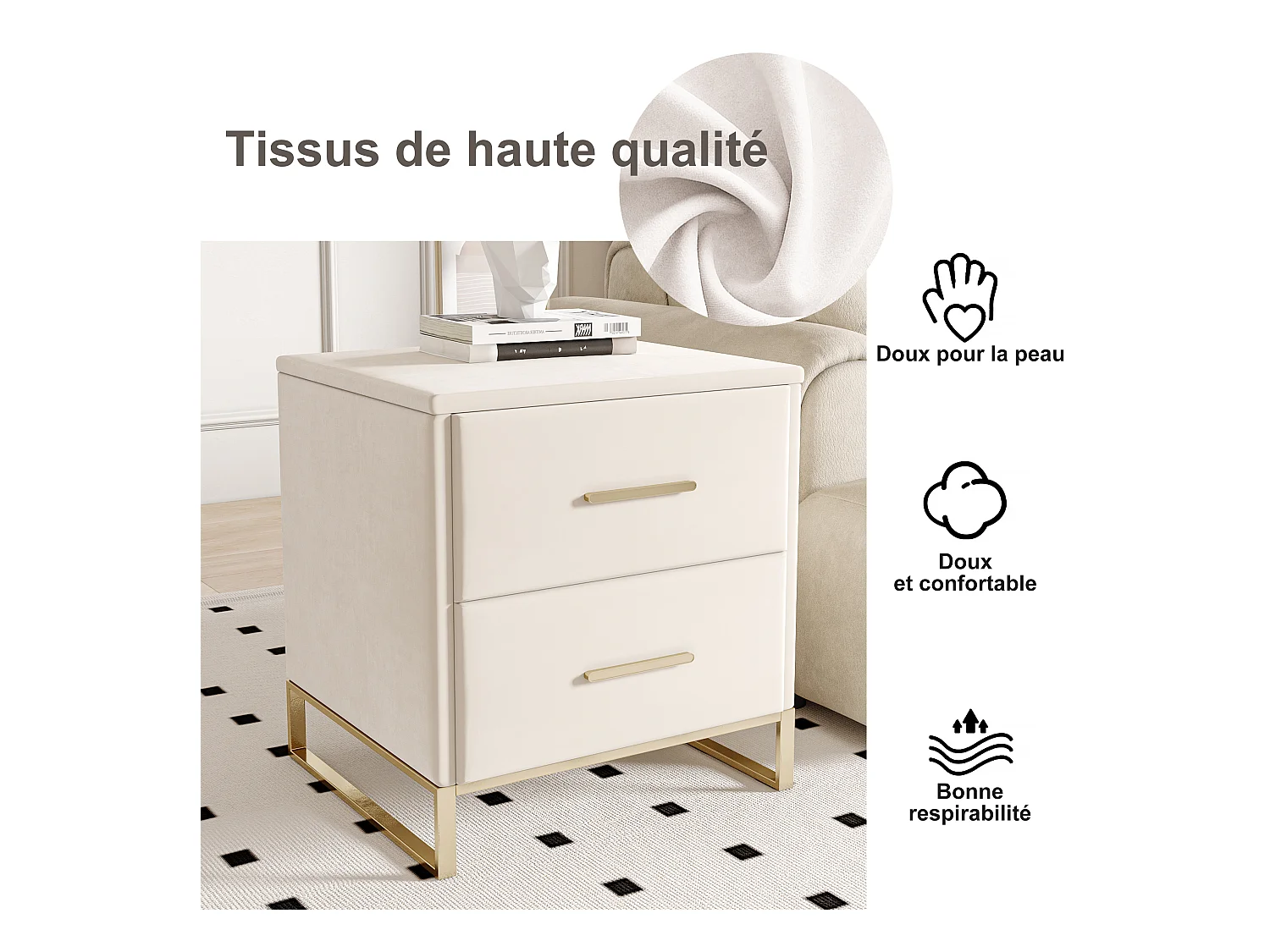 Mesa de cabeceira bege moderna com duas gavetas e pés em metal dourado, tecido de veludo