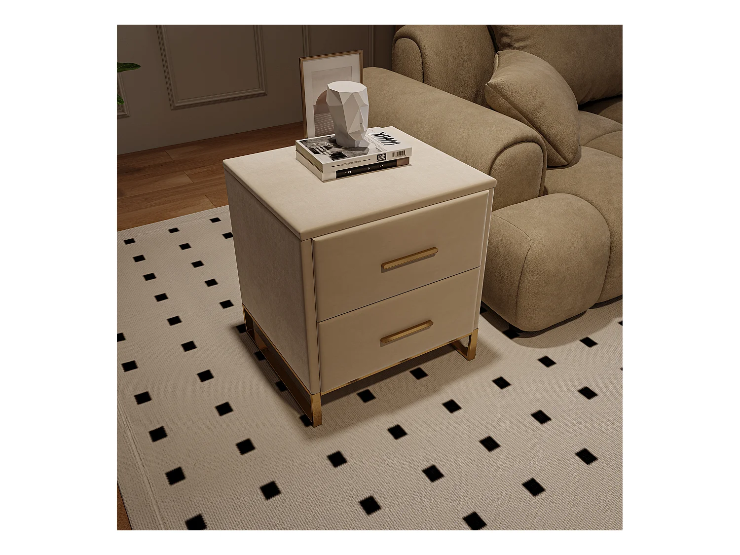 Mesa de cabeceira bege moderna com duas gavetas e pés em metal dourado, tecido de veludo