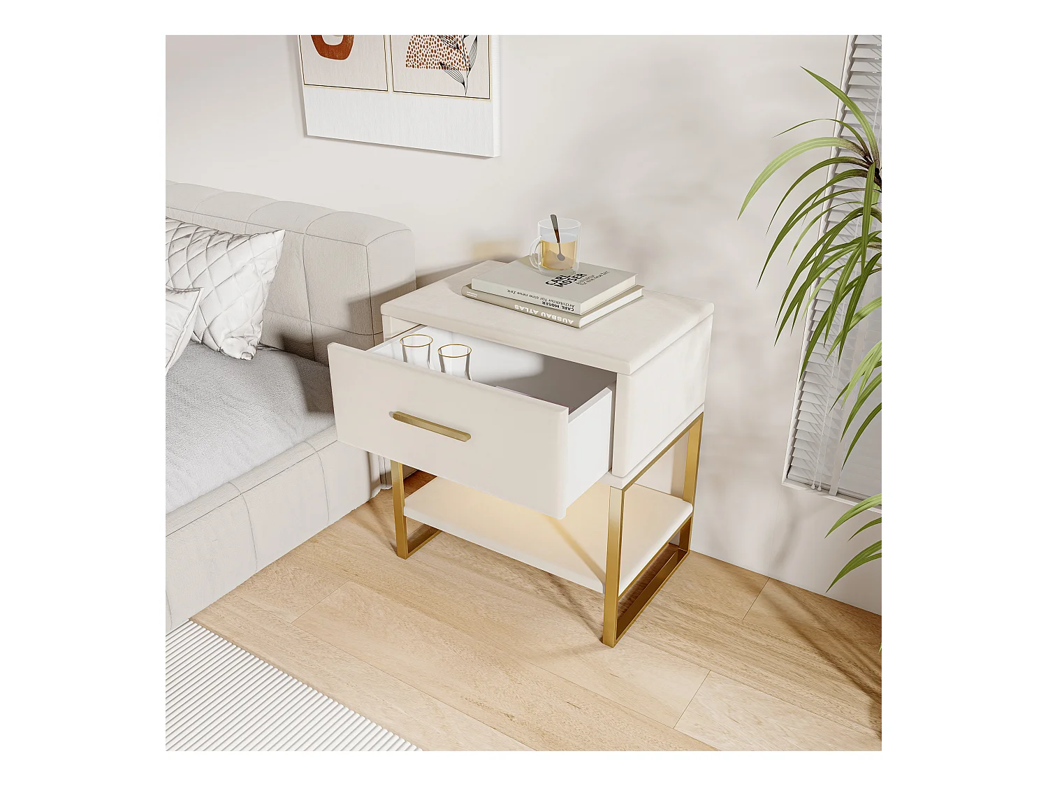 Beige fluwelen nachtkastje met veelkleurige ledverlichting, 1 lade en 1 nis, goudkleurig metalen frame, modern en elegant design