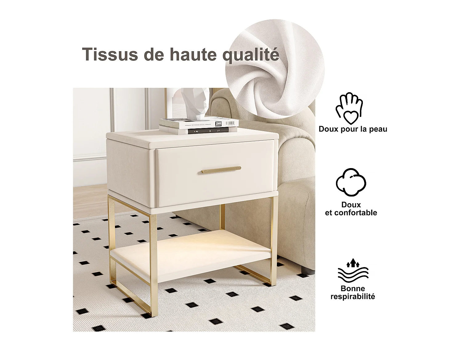 Beige fluwelen nachtkastje met veelkleurige ledverlichting, 1 lade en 1 nis, goudkleurig metalen frame, modern en elegant design