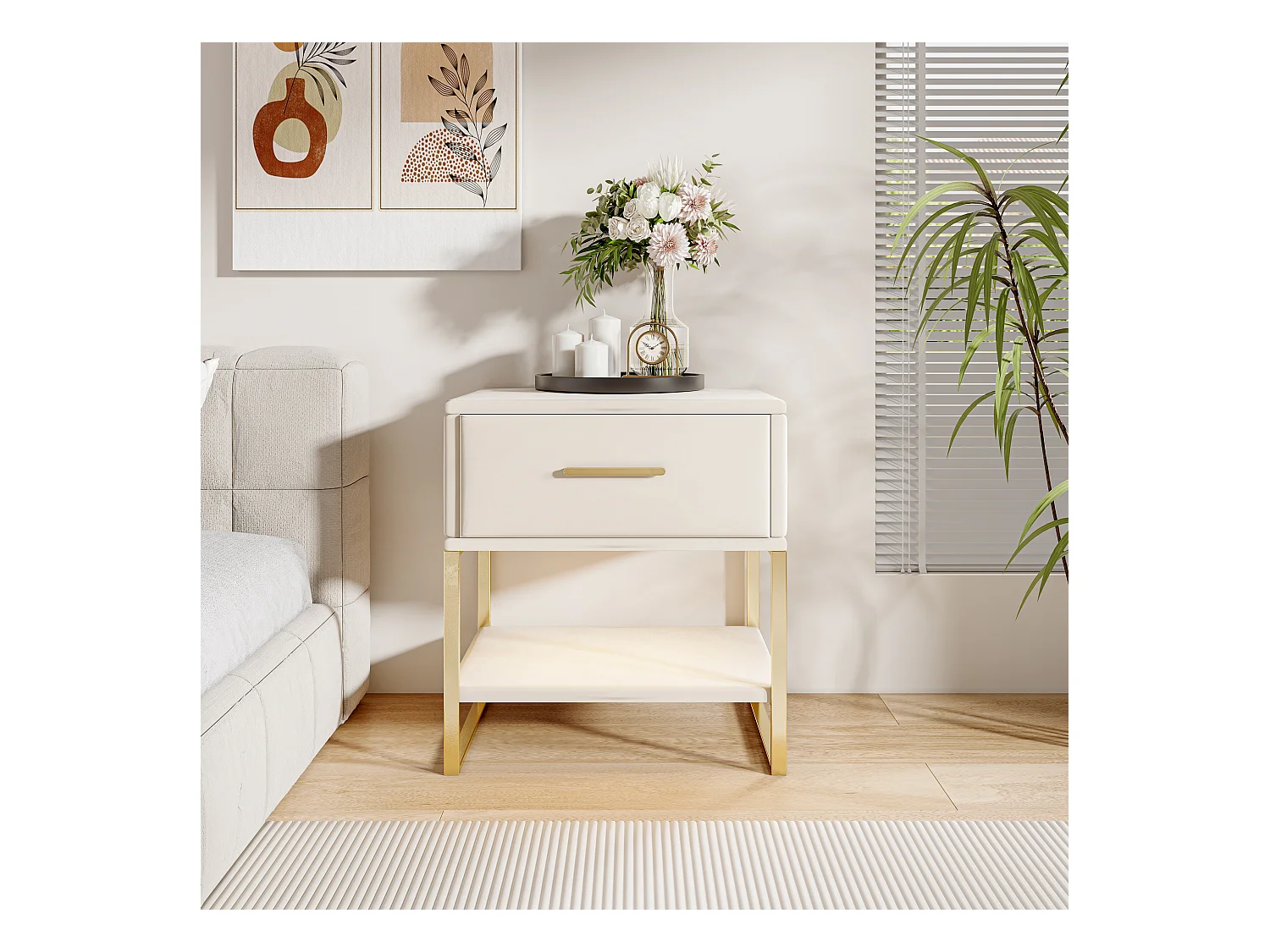 Beige fluwelen nachtkastje met veelkleurige ledverlichting, 1 lade en 1 nis, goudkleurig metalen frame, modern en elegant design