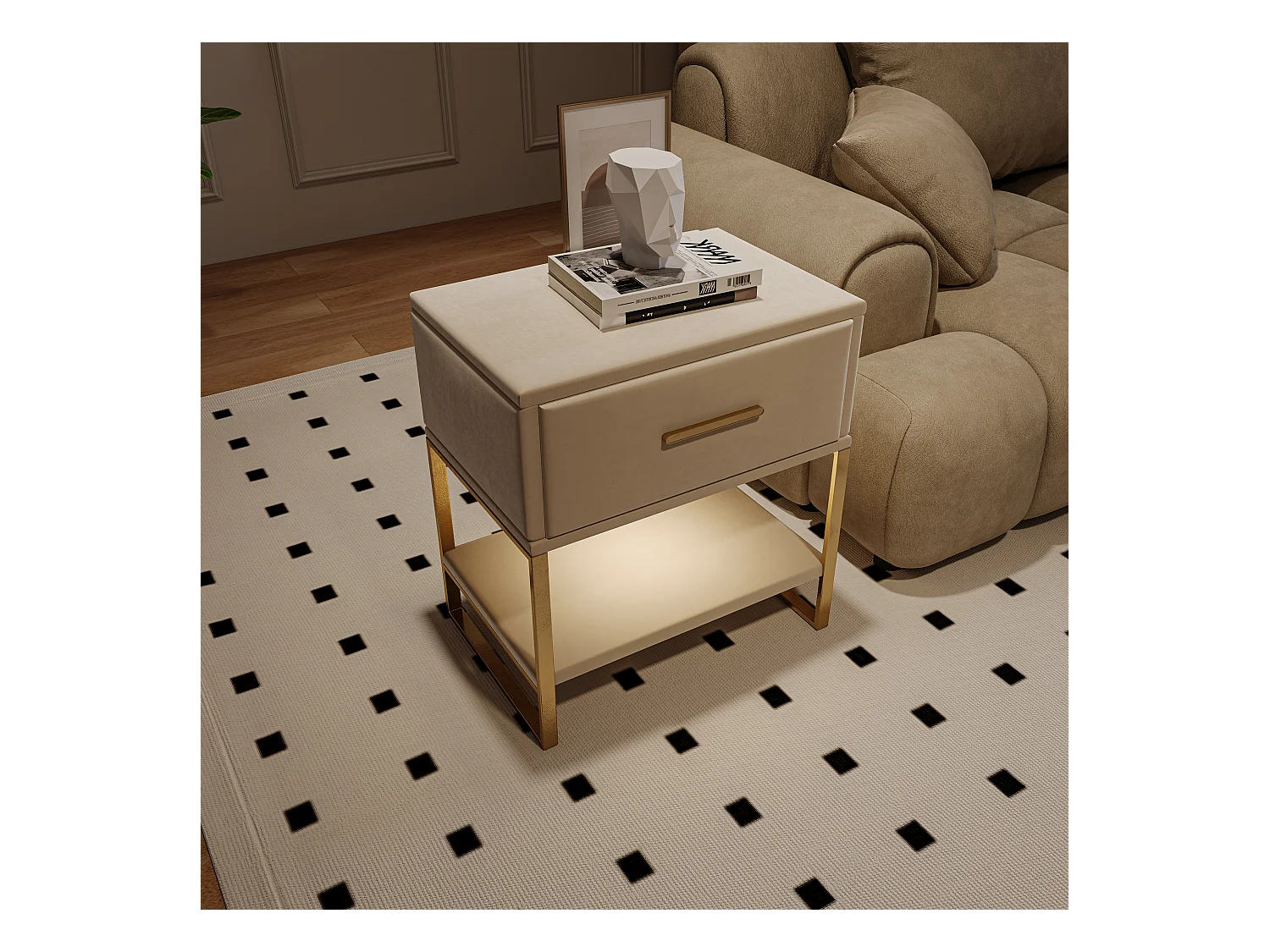Beige fluwelen nachtkastje met veelkleurige ledverlichting, 1 lade en 1 nis, goudkleurig metalen frame, modern en elegant design