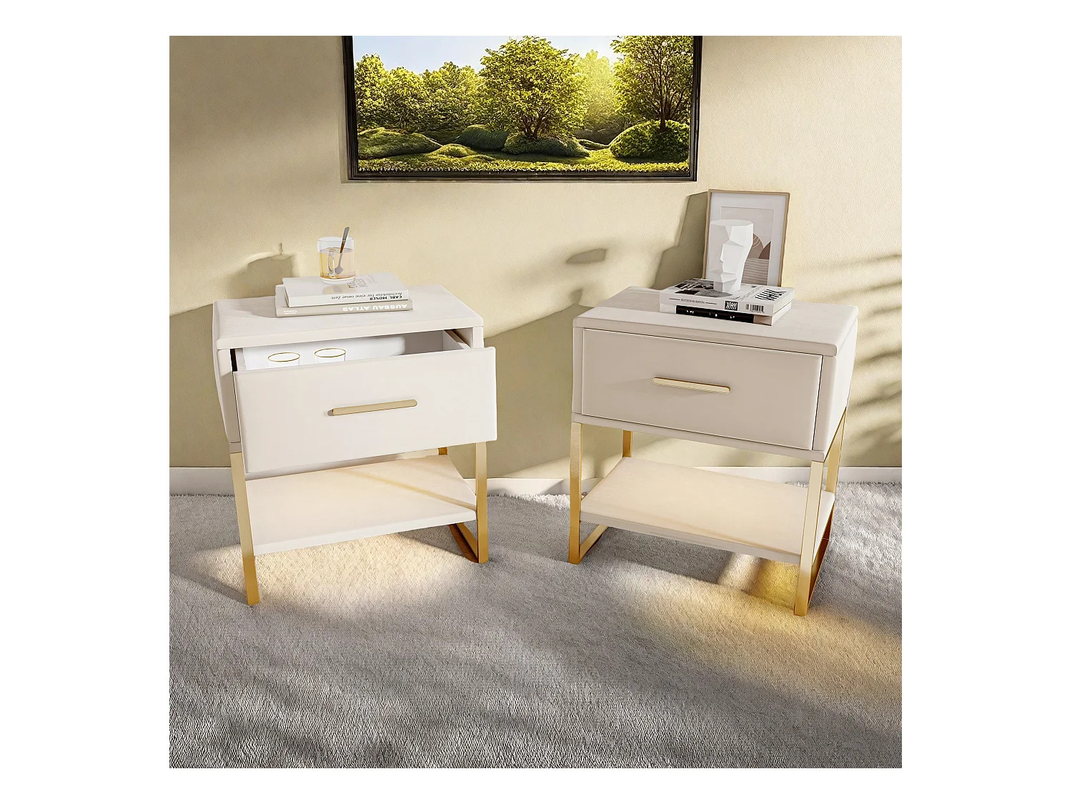 Mesita de noche de terciopelo beige con iluminación LED multicolor, 1 cajón y 1 nicho, estructura de metal dorado, diseño moderno y elegante.