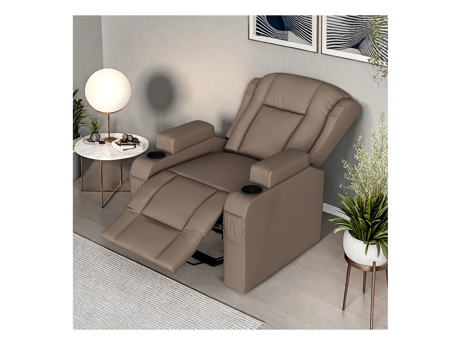 Poltrona massaggiante elettrica marrone con USB, portabicchieri, telecomando, funzione reclinabile, vibrazione e riscaldamento