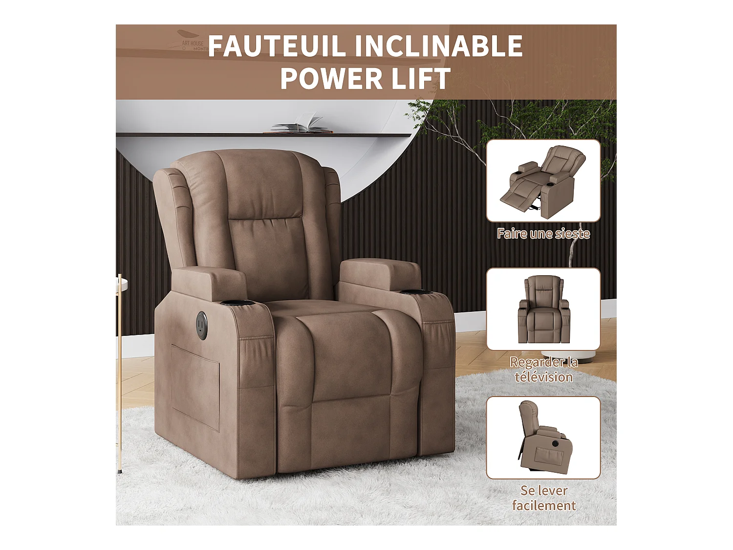 Poltrona massaggiante elettrica marrone con USB, portabicchieri, telecomando, funzione reclinabile, vibrazione e riscaldamento