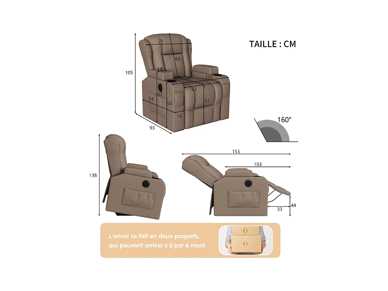 Poltrona massaggiante elettrica marrone con USB, portabicchieri, telecomando, funzione reclinabile, vibrazione e riscaldamento