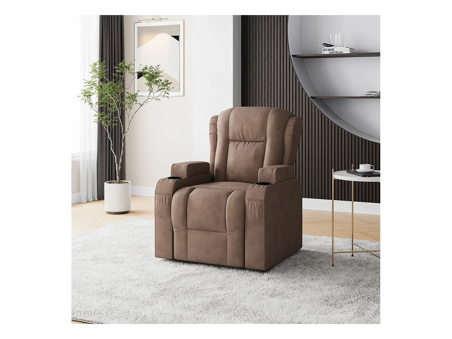 Poltrona massaggiante elettrica marrone con USB, portabicchieri, telecomando, funzione reclinabile, vibrazione e riscaldamento