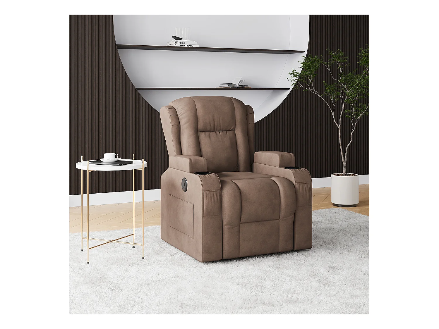 Poltrona massaggiante elettrica marrone con USB, portabicchieri, telecomando, funzione reclinabile, vibrazione e riscaldamento